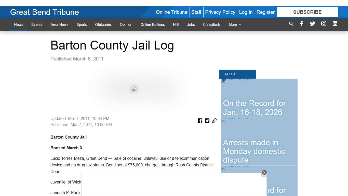 Barton County Jail Log - Great Bend Tribune