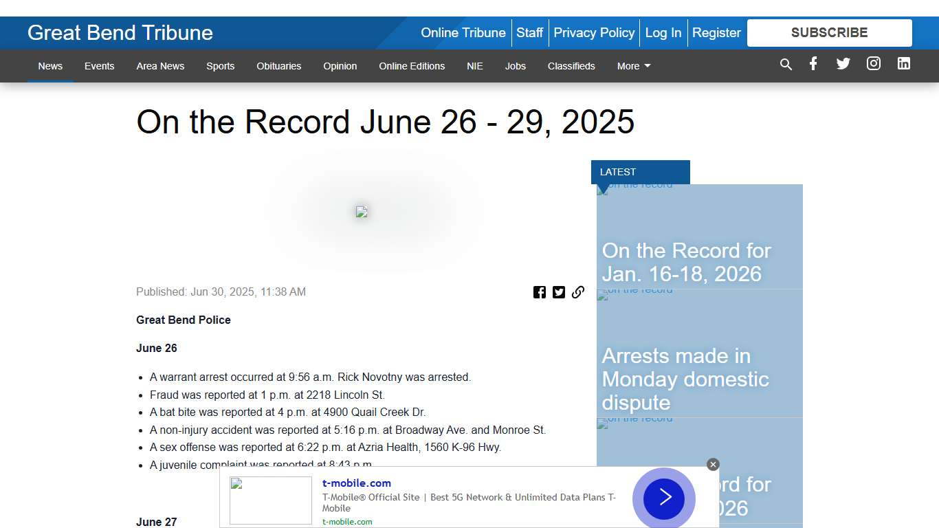 On the Record June 26 - 29, 2025 - Great Bend Tribune